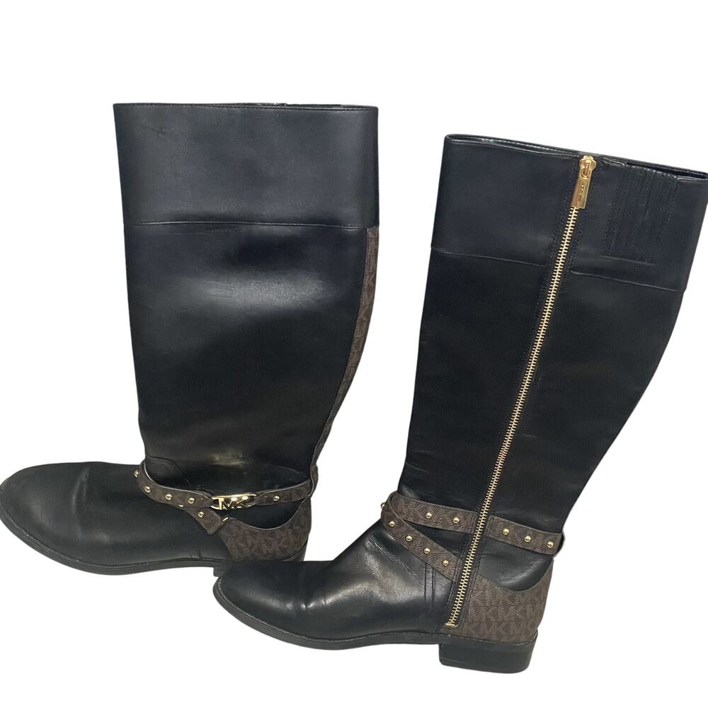 MICHAEL KORS $375 BLACK BROWN LOGO KINCAID RIDING BOOTS SZ 8